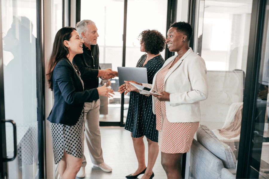 EOR client service team meeting and shaking hands with tech startup Human resource managers